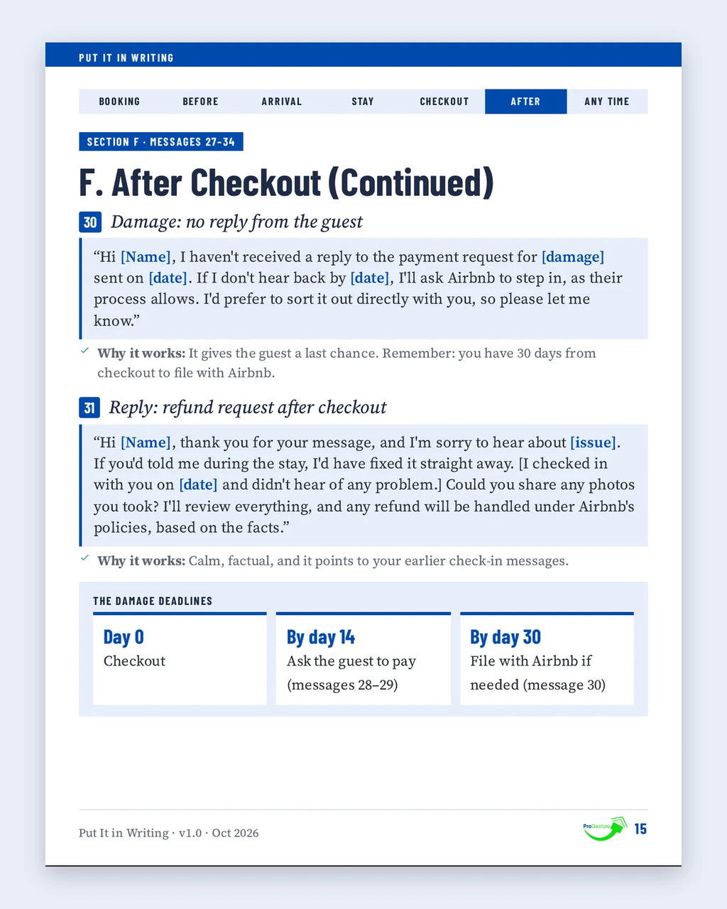 After-checkout damage messages with the 14-day and 30-day deadlines