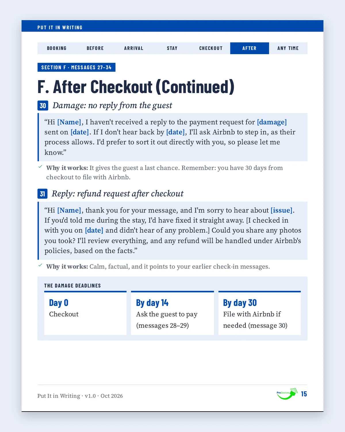 After-checkout damage messages with the 14-day and 30-day deadlines