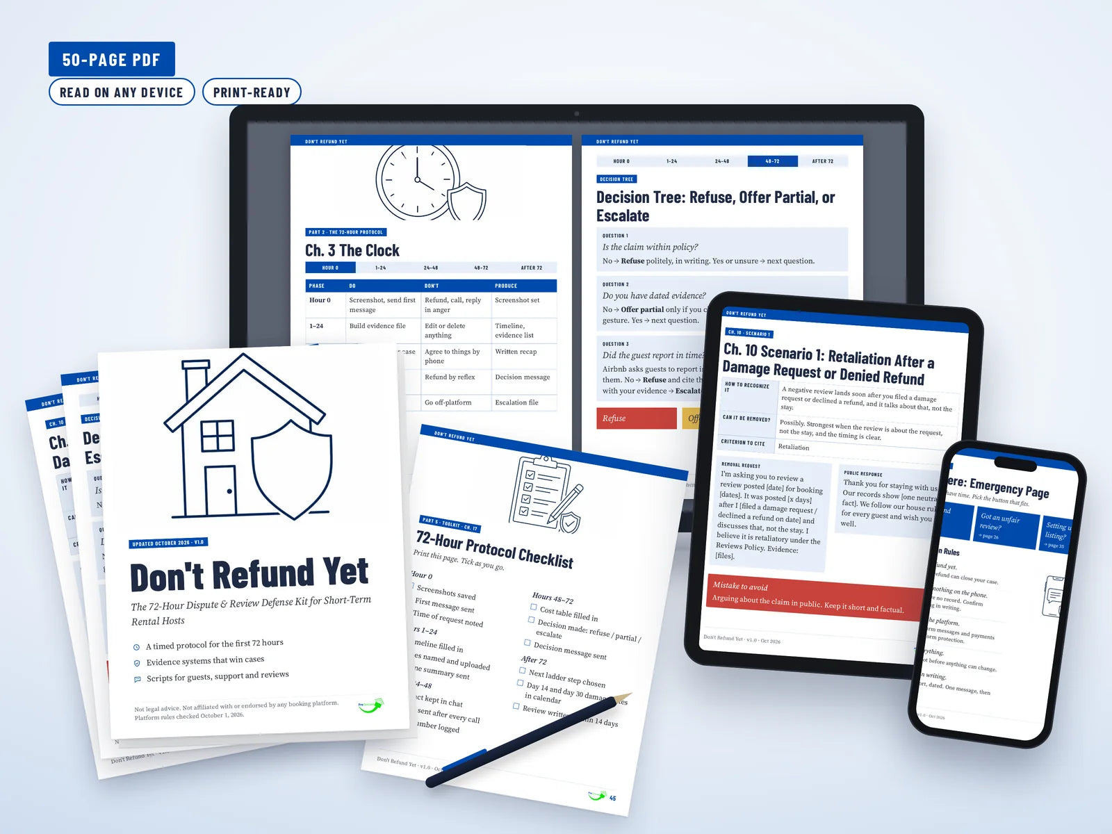 Don't Refund Yet guide cover: 72-hour dispute and review defense kit for Airbnb hosts