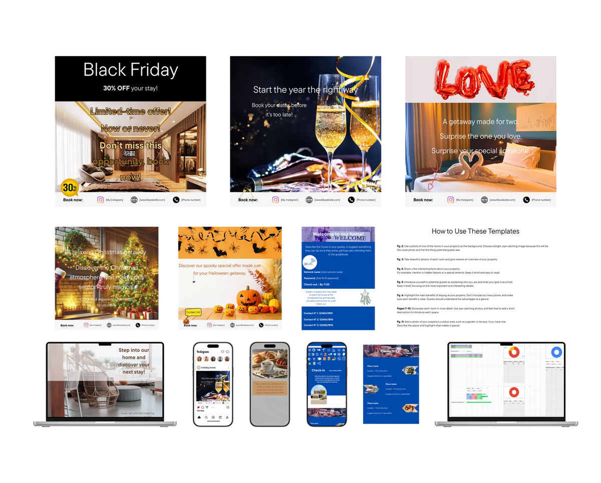 English short-term rental host bundle featuring a reservation and expense spreadsheet, welcome book templates, guest information designs and social media templates.