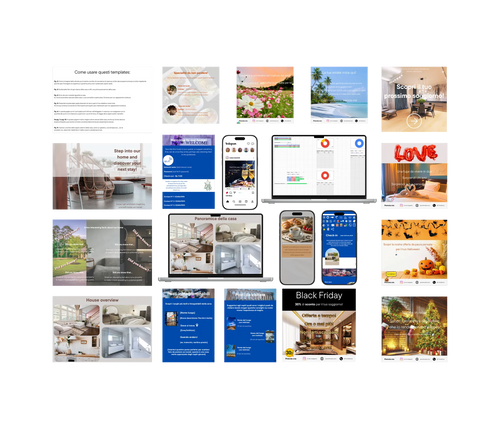 Short-term rental host bundle featuring a reservation and expense spreadsheet, bilingual welcome book templates, guest information designs and social media templates.